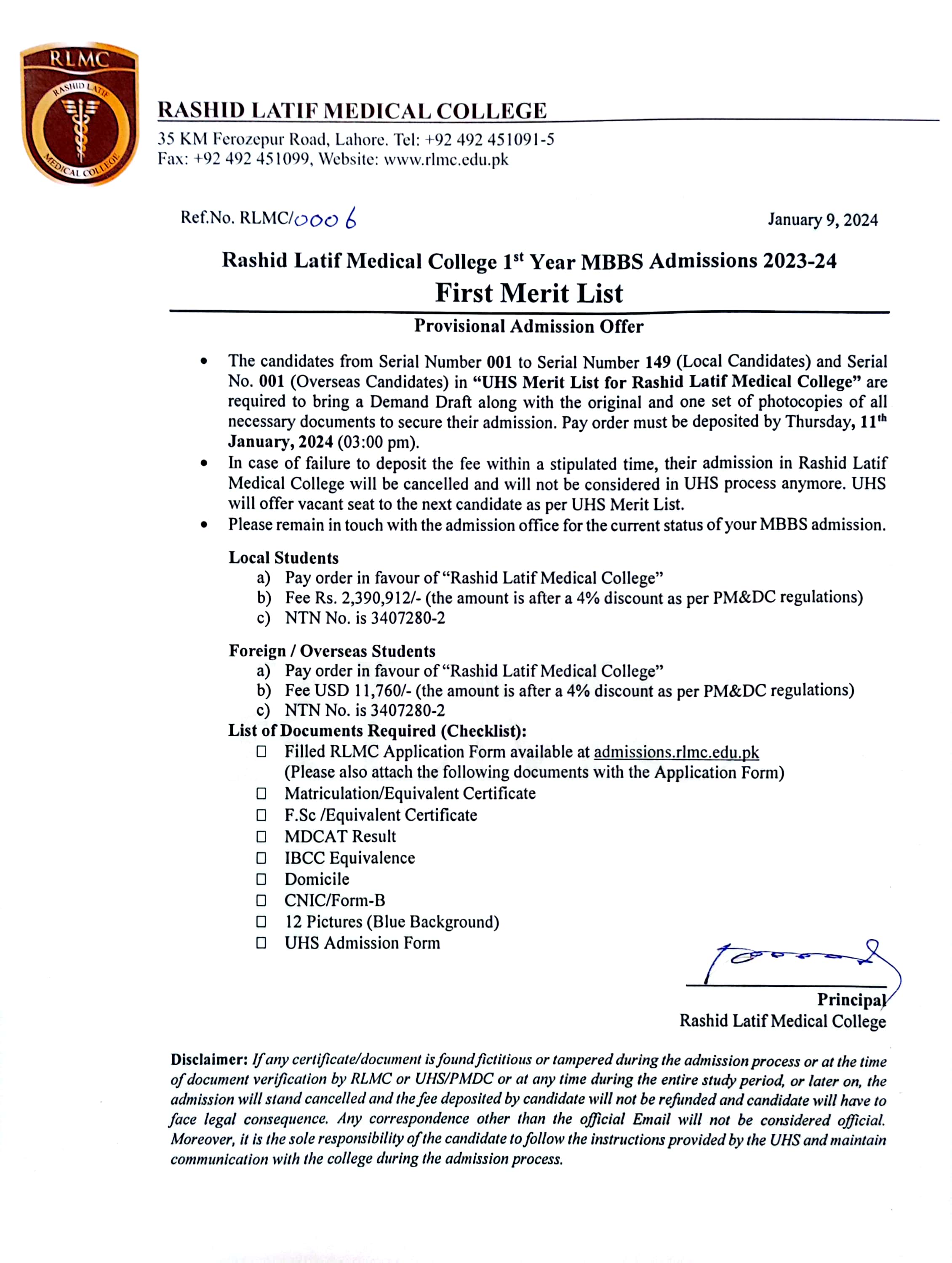 Notice for MBBS Selected Candidates